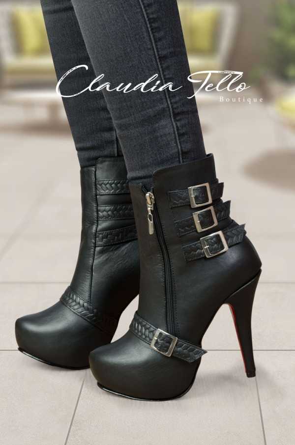 Fernanda Black Leather Ankle Boots with Block Heel